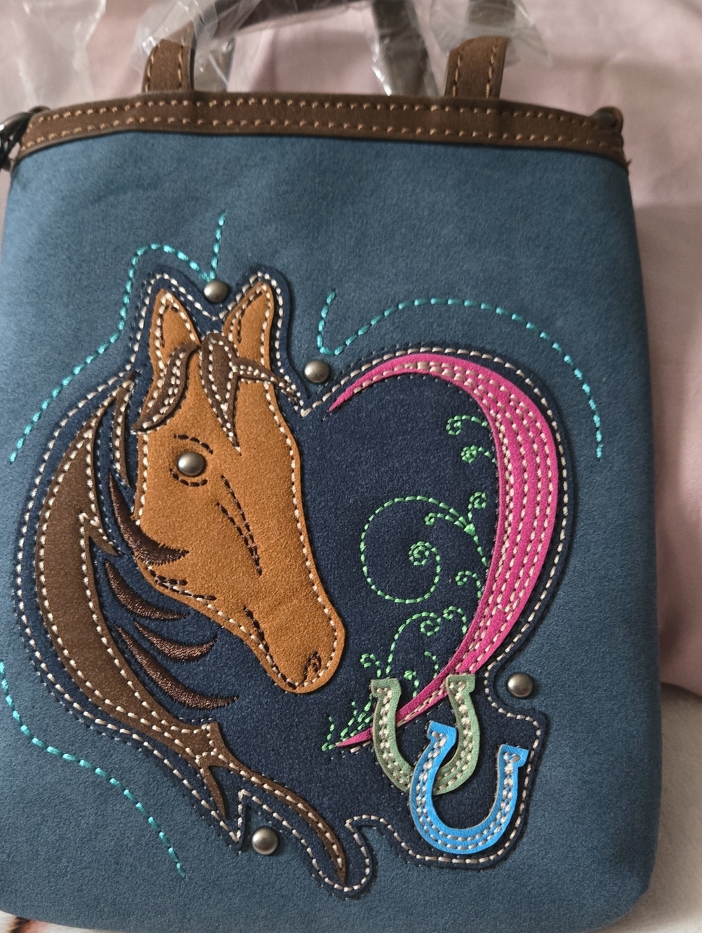 Blue Western Horse Embroidered, Suede,Crossbody Tote Bag Montana West, NWT